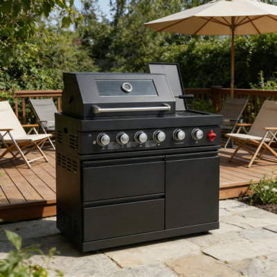 Outdoor Gas Grill With 6 Burners, Stainless Steel Barbecue Island Grill With Rotisserie & Granite Countertop, Black