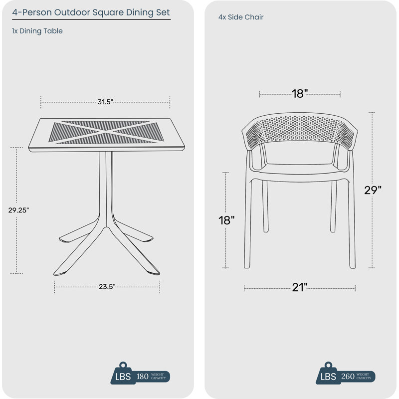 Ensemble repas carré pour 4 personnes, Blanc