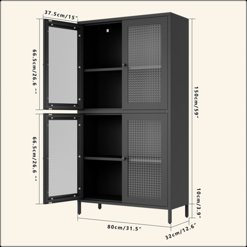 Armoire de rangement classique en métal avec 4 portes en verre et 4 tablettes avec armoire latérale pour bureau à domicile, salon, cuisine, couloir