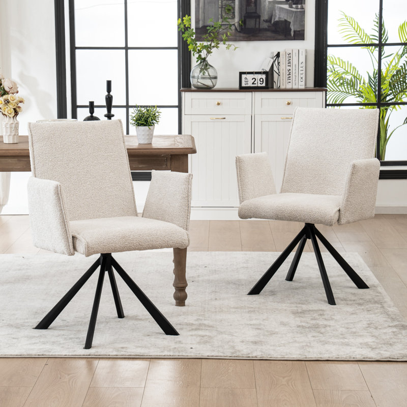 Swivel Upholstered Dining Chair, Mid Century Modern Kitchen Chair with Metal Legs, Beige