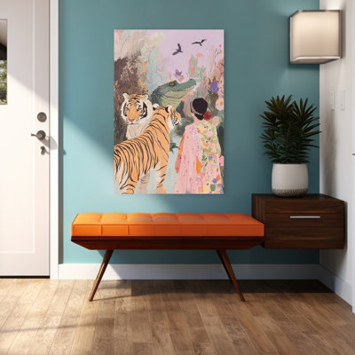 Tigers And Jungle Woman Colorful Elegant Mystical Bird Tiger Forest Landscape Wall Art Print 1 Piece Wrapped Canvas Wall Art