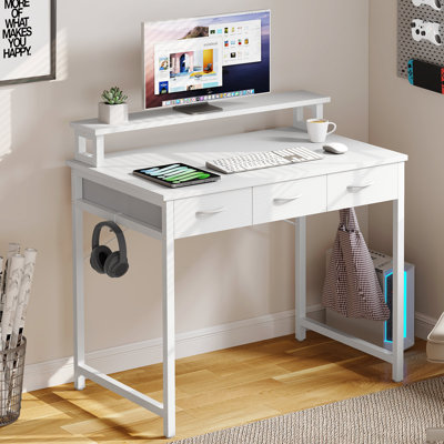 31.4'' W Small Computer Desk with Drawers, Monitor Stand & Hooks