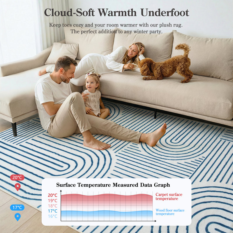 Celeta Washable Abstract Japandi Rainbow Striped Blue Area Rug - Colorful Modern Carpet for Living Room, Bedroom, or Office Decor