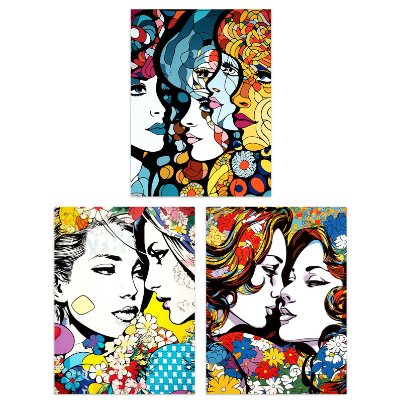 LGBTQ+ Love Vibrant Pop Art Lesbian Couple Floral Portraits - 3 Piece No Frame Print Set, 29.7cm H x 21cm W x 0.4cm D