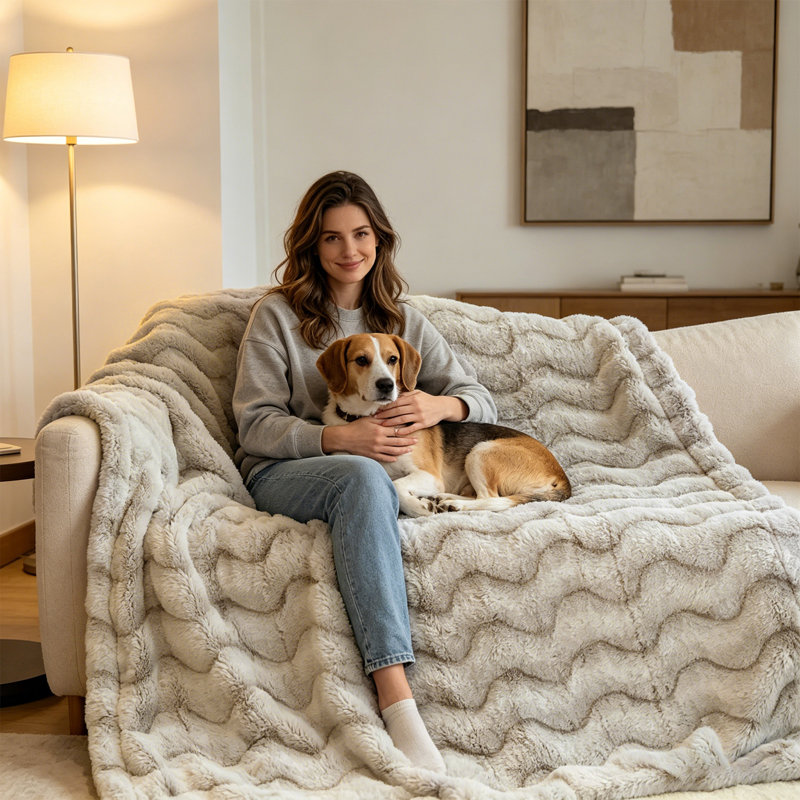 Faux Rabbit Fur & Flannel Weighted Throw Blanket, Ultra Soft & Cozy for Bedroom Living Room Décor , 130cm x 177cm