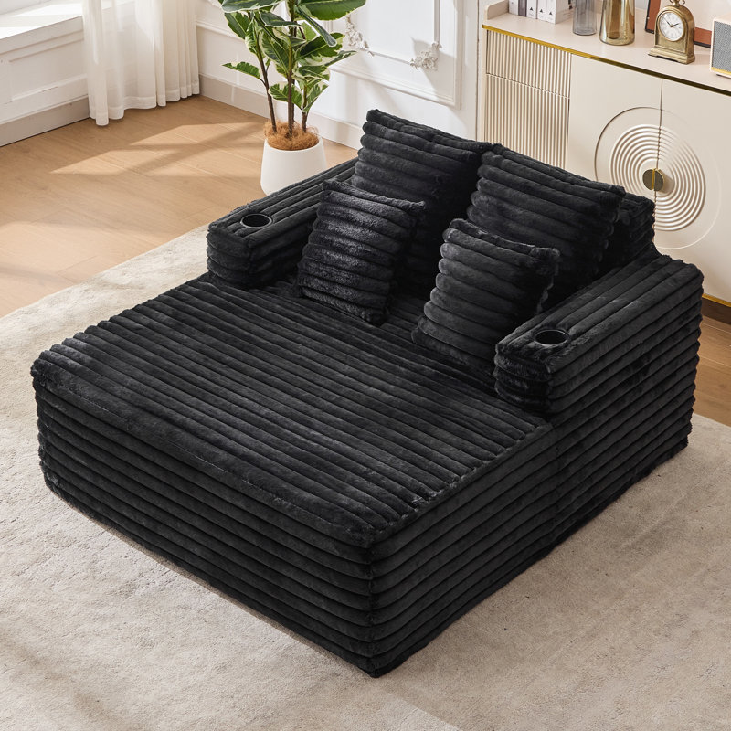 Oversized 53" Black Corduroy Sofa Bed Chaise Lounge, No Assembly, Cup Holder, Black
