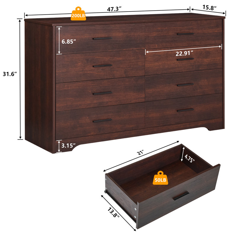 Farmhouse 47.3 '' W 8 Drawer Bedroom Dresser, Wood Rustic Wide Chest of Drawers for Bedroom, Closet Storage for Bedroom