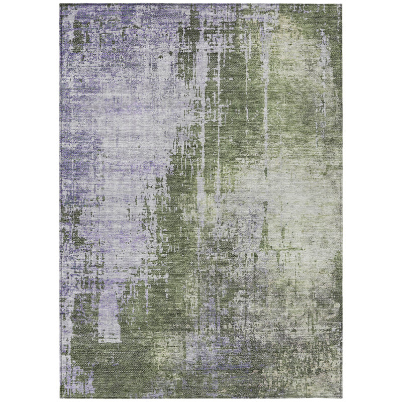 Tapis extérieur lavable abstrait vert olive et mauve 9 pi x 12 pi
