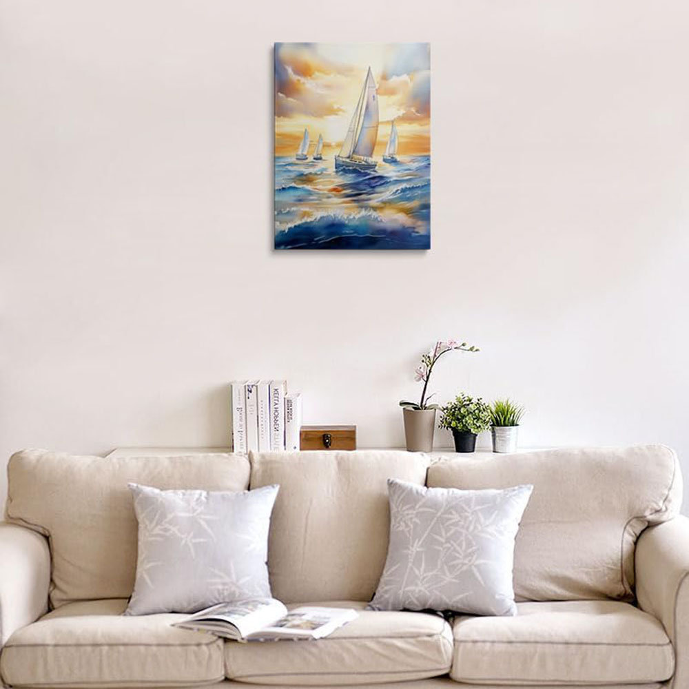 Watercolor Sailboats Sunset Canvas Wall Art Framed Print Painting Ocean Seascape Blue Golden Sky Waves Wall Decor Artwork Poster Calming Coastal For B