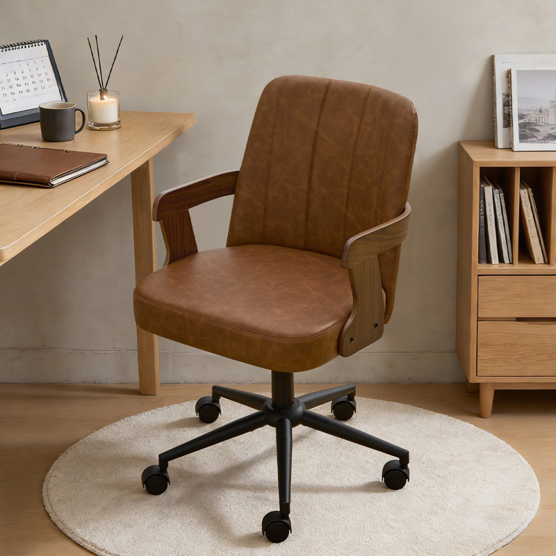 Breathable Cane Back Office Chair With Mid-Century Walnut Frame & Adjustable Swivel Base, Brown