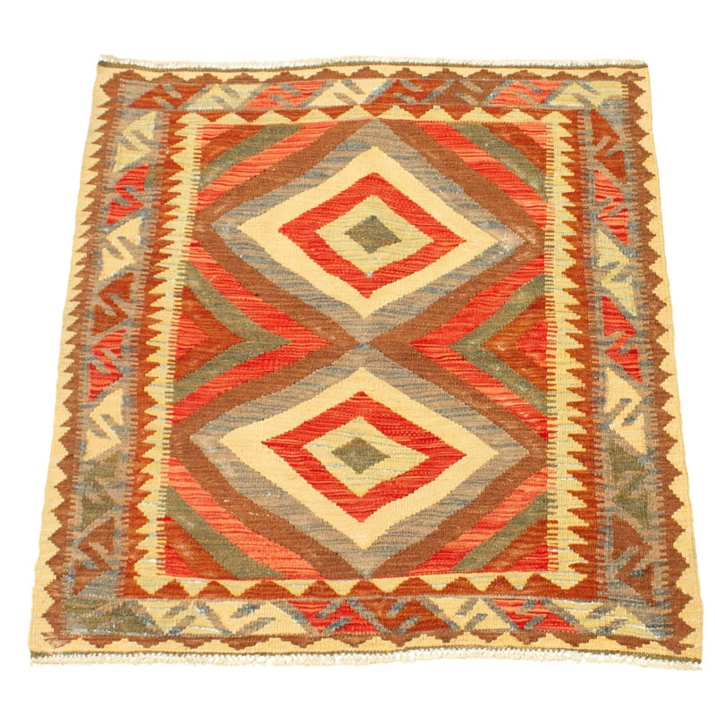Tapis oriental rouge / jaune / brun en laine tissé à plat à la main à motif rectangulaire 3 pi 2 po x 3 pi 10 po Brantleigh