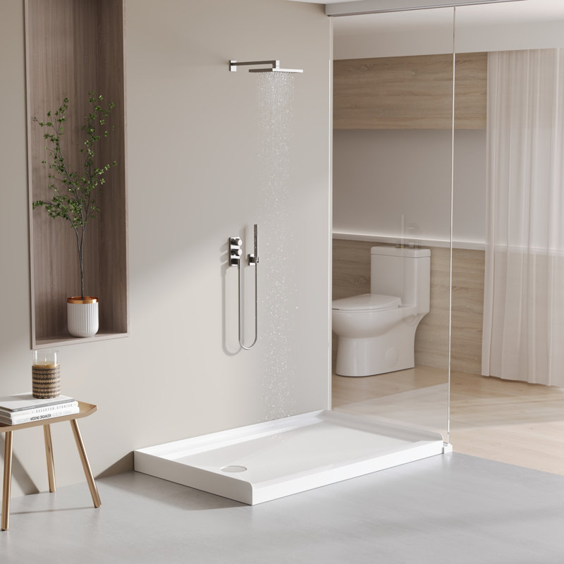 Base de douche DeerValley de 48 po x 30 po en blanc avec seuil simple, alcôve rectangulaire en acrylique pour salle de bain, drain à gauche