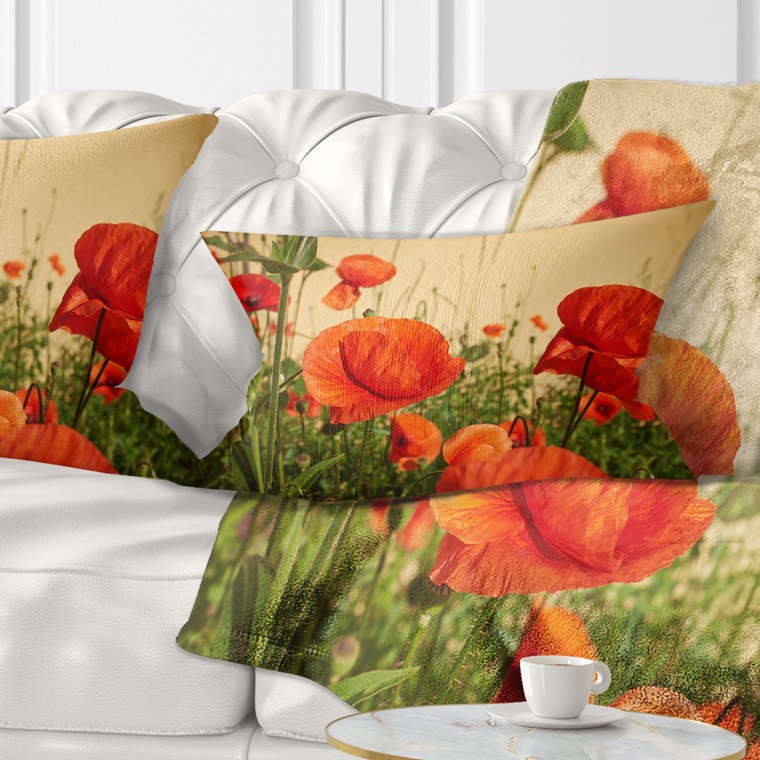 Champ de fleurs de coquelicots rouges colorés - Coussin décoratif imprimé floral