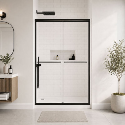 Cascada 44-48" W x 74" H Double Sliding Frame Shower Door with 1/4"（6mm） Clear Tempered Glass, Matte Black