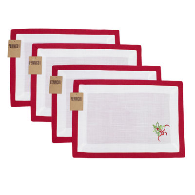 Ensemble de 4 napperons de Noël Eltay brodés rouge et blanc Holly Christmas Tree