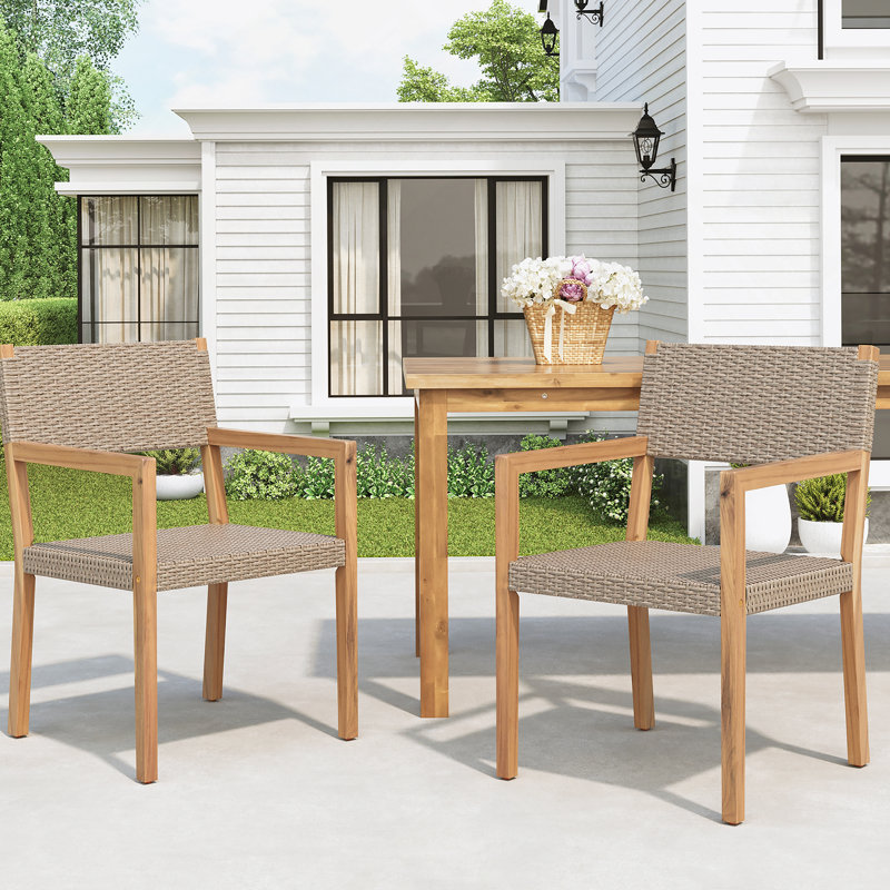 Ensemble de 2 chaises de salle à manger d'extérieur, structure en bois d'acacia teck clair et osier PE brun clair, idéal pour les patios et les jardins