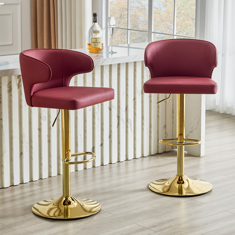 Tabourets de bar réglables, tabouret de comptoir avec dossier, repose-pieds et accoudoirs (ensemble de 2), Or, Rouge