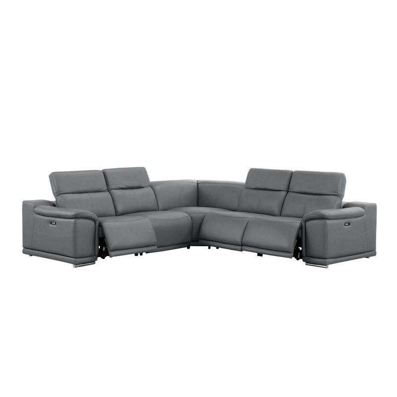 5-Piece L-Shaped Power Reclining Sectional In Genuine Leather – 3 Recliners, Dark Gray Top Grain Leather