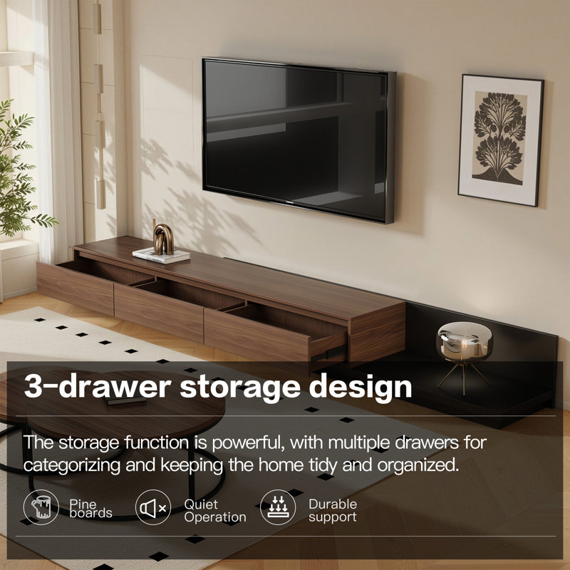 Space-Saving Extendable TV Unit with 3 Drawers | Adjustable 200-330cm | 3 Colour Options: Walnut, Grey, Dark Walnut TV Stand| for Living Room & Bedroom Modern Minimalist Style