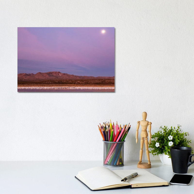 USA, New Mexico, Bosque Del Apache National Wildlife Refuge. Flying Birds And Full Moon At Sunrise. by Jaynes Gallery - Wrapped Canvas Print