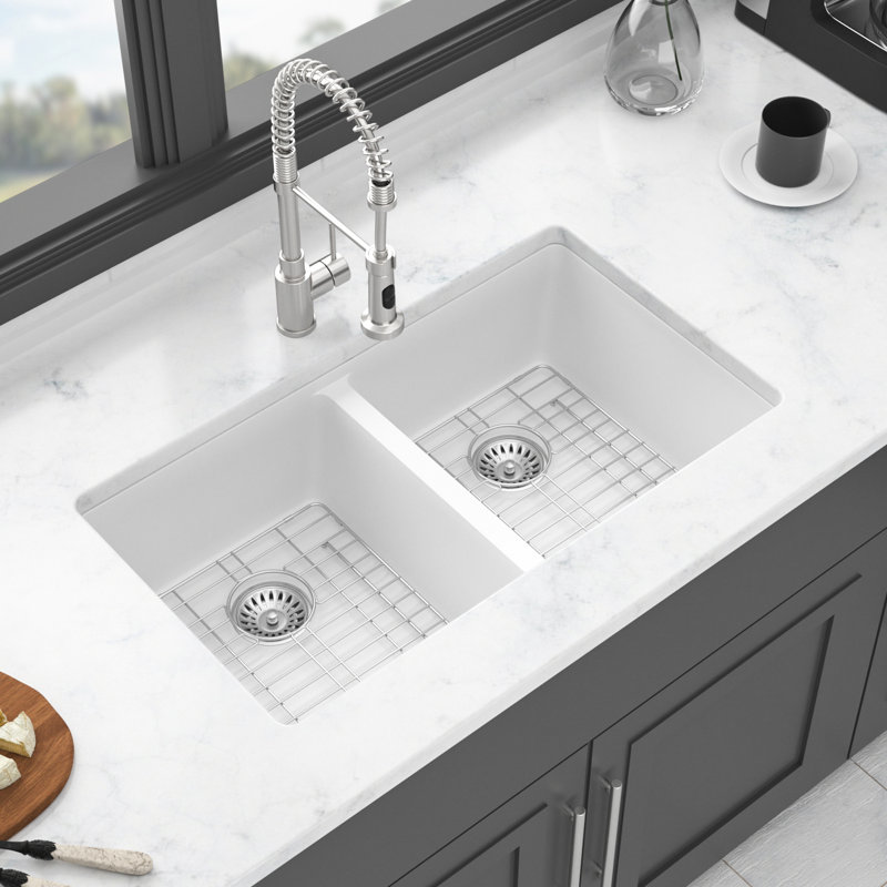 33X19" Double Bowl  50/50  Granite Composite Undermount Quartz Kitchen Sink In White, Quiet, Non - Scratch, Easy To Wipe Clean, Comes With Drying Rack And Assembly White Sink, Thick Strong, Rounded