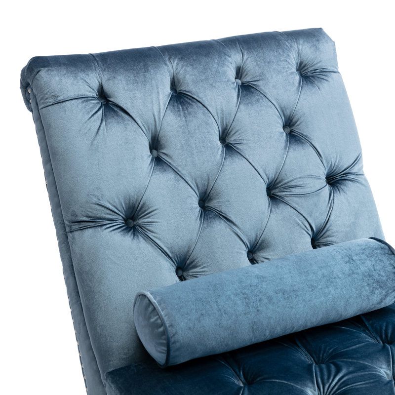 Chaise longue en velours capitonnée avec pieds et coussin en acrylique, Bleu clair
