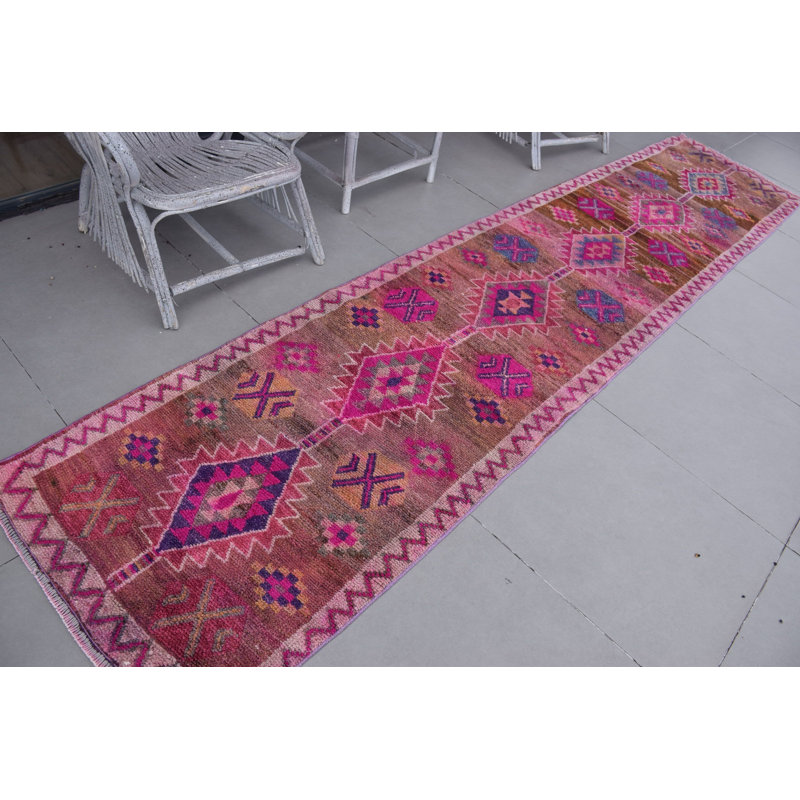 Handcrafted Vintage Turkish Runner Rug with Vibrant Pink Geometric Patterns for Unique Home Decor