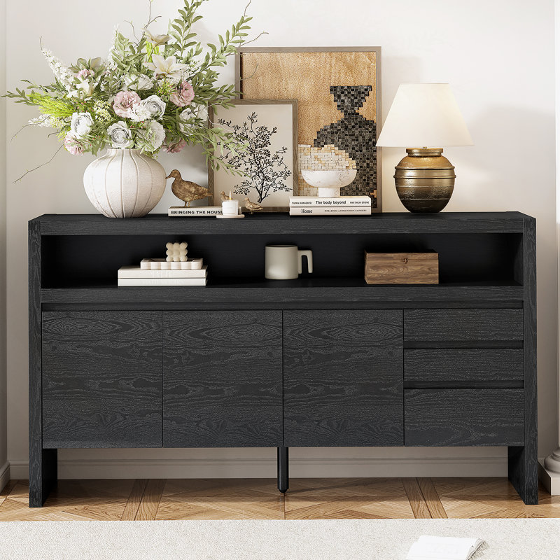 Buffet 60 "à 3 portes avec 3 tiroirs - Buffet moderne en placage de frêne massif, tablette semi-ouverte et découpe centrale semi-circulaire dans le panneau arrière, grande armoire de rangement