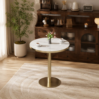 Table de salle à manger ronde avec tulipes modernes, plateau de table en pierre frittée avec impression de faux marbre de luxe, base en acier inoxydable, surface imperméable et résistante aux rayures et à l'usure, idéale pour une utilisation intérieure et extérieure