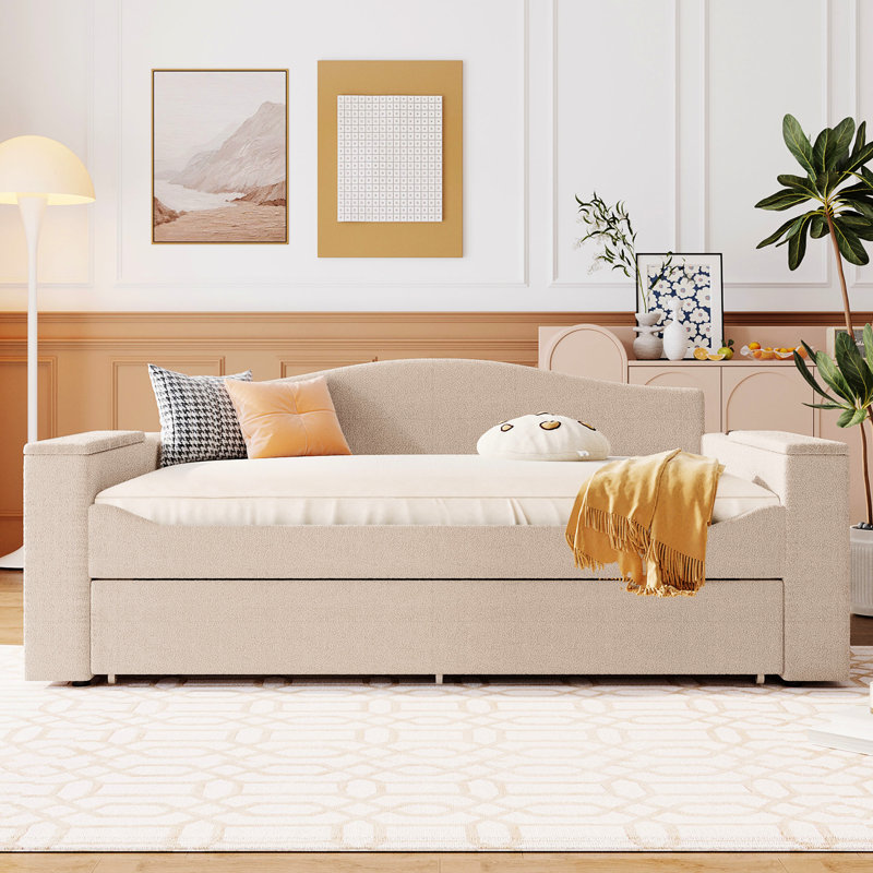 Elegant Upholstered Daybed In Beige, With Storage, Trundle And Entertainment System Beige Fleece Storage Trundle, Integrated For Enjoyable Life Time