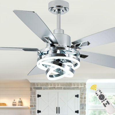 Eustolio 52" Chrome Modern Ceiling Fan with Lights and Remote, 6-speed Reversible Fandelier Dimmable Ceiling Fan for Living Room
