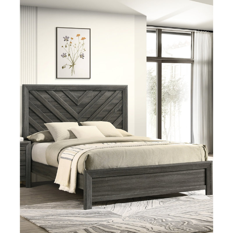 Grand lit à motif géométrique au fini rustique gris avec motif pour chambre à coucher, cadre de style contemporain, Queen