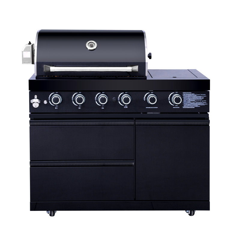 Barbecue de cuisine noir à 4 brûleurs 72000 avec réfrigérateur à une porte, évier / robinet et jauge de température à double paroi pour une gestion précise de la chaleur