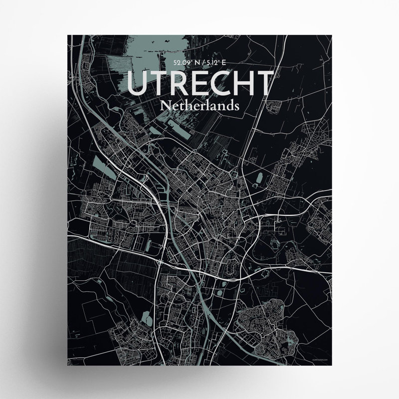 Utrecht City Map In Midnight - No Frame Print, 20cm H x 16cm W x 0.05cm D
