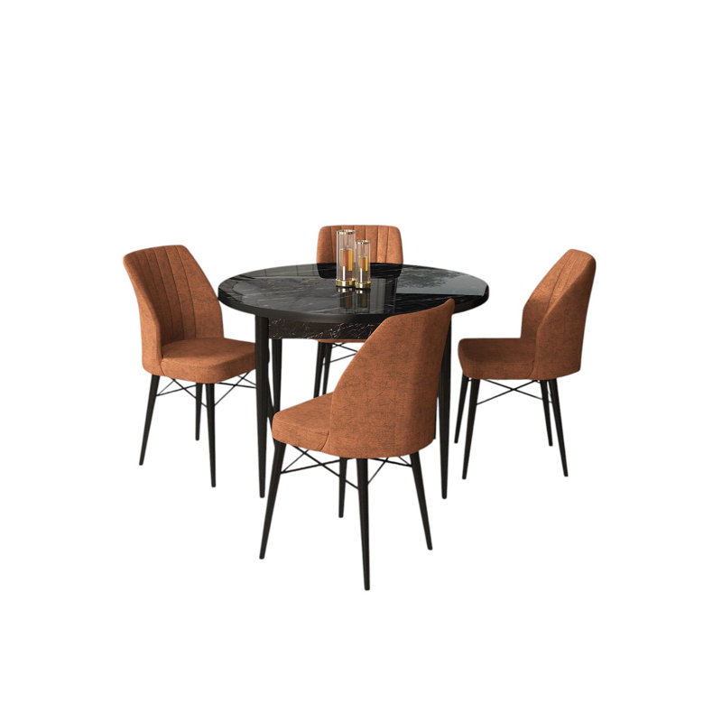 Ensemble de table et chaises de salle à manger moderne 5 pièces, marbre noir et tuile rouge | Table en carton 100% mélaminé, table: 35,4 po x 29,5 po x 35,4 po | Chaises: 17,7 po x 36,6 po x 16,5 po | Pieds en bois et structure en métal, assise en mousse confortable