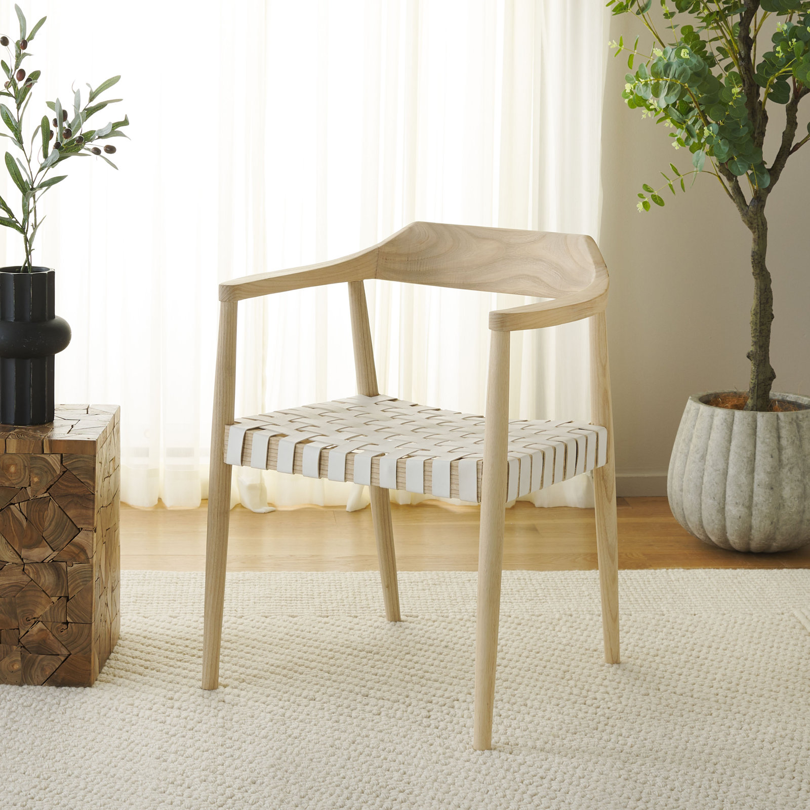Noreen Accent Chair, White Genuine Leather, Oak