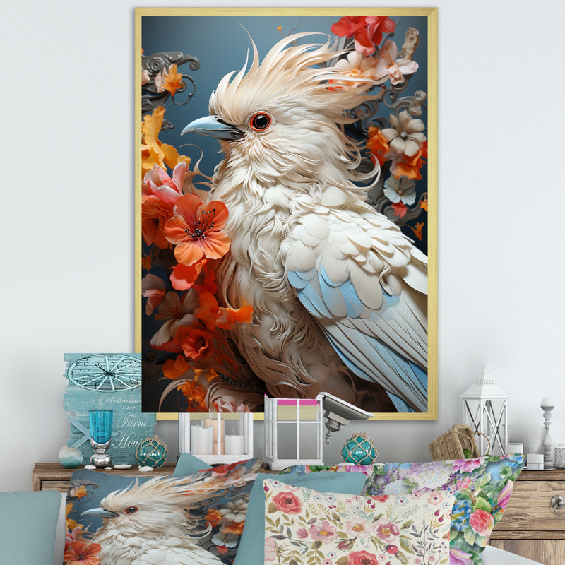 Bird Feathery Symphony sur toile, Cadre doré simple, H 32 po x l 24 po x P 1 po