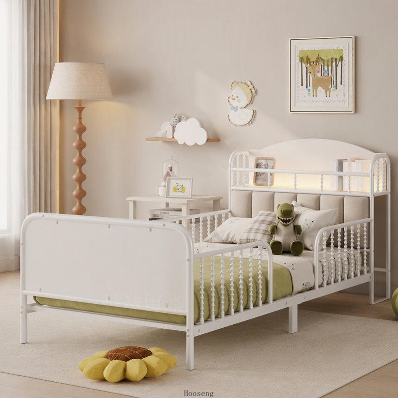 Lit plateforme en métal pour deux enfants avec éclairage intégré, panneau rembourré et tête de lit avec rangement, blanc