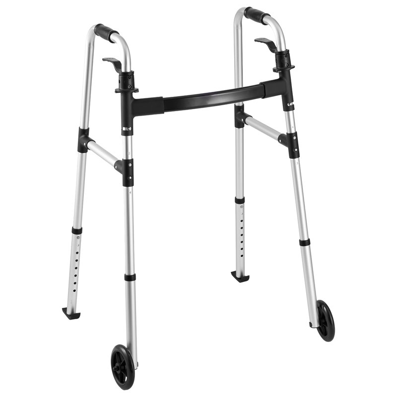 Folding Walker, 2-Button Foldable Walker with 5" Wheels & 8-Level Adjustable Height, 350LBS Loading Lightweight Aluminum Mobility Walking Aid, Front-Wheeled Rolling Walkers for Seniors Adults