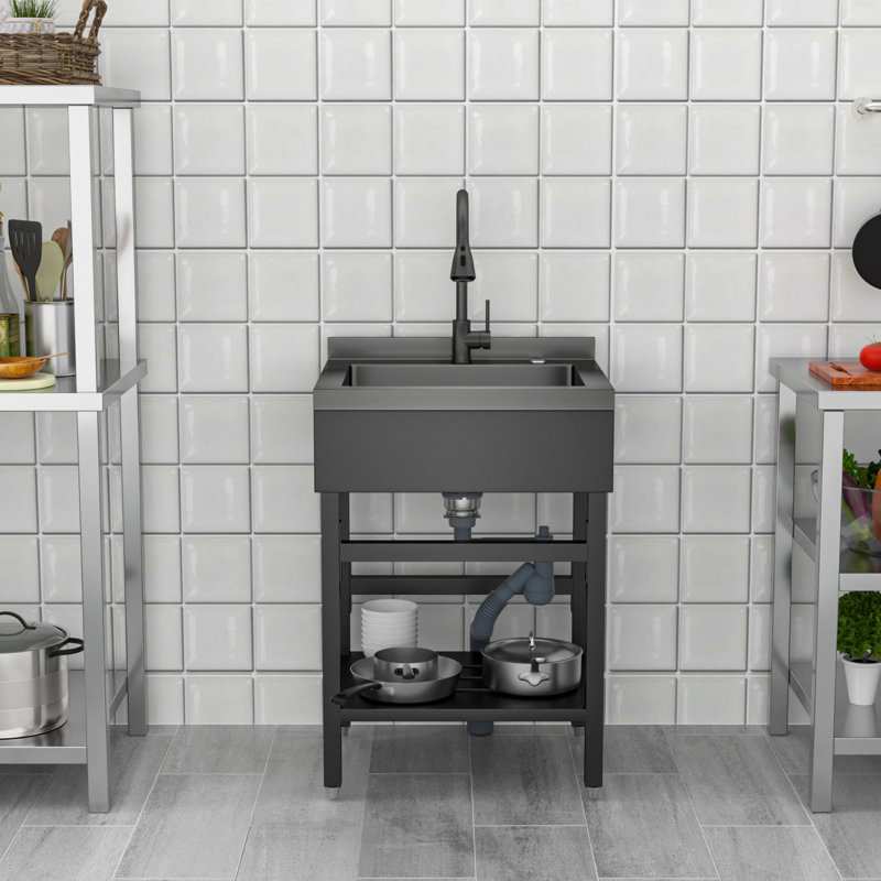 Évier utilitaire 24 po en acier inoxydable avec robinet et drain de cuisine L 24 po, Black