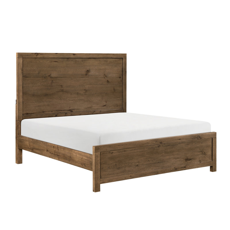Grand lit rustique à finition brune avec charge USB et tête de lit en bois, Queen