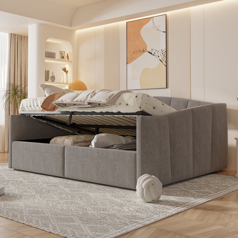 Daybed With Hydraulic Storage & Drawers, European Double (140 x 200 cm), Dark Grey