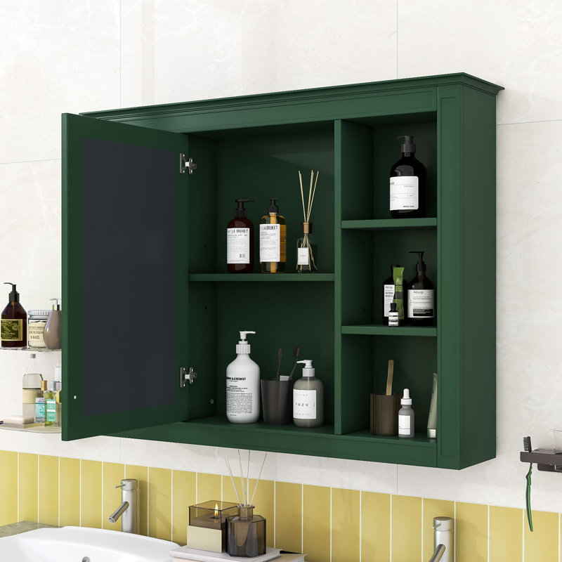 Armoire à pharmacie murale avec porte miroir réfléchissante et tablettes pour le rangement de la salle de bain, Vert