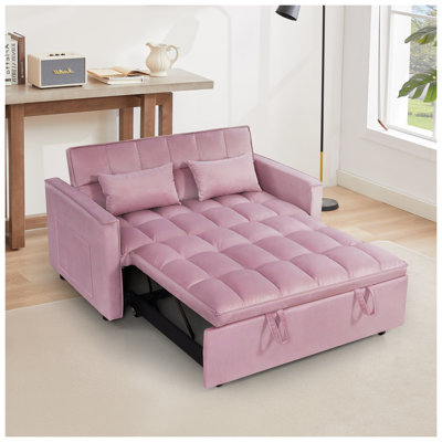 Canapé-lit moderne à 2 places escamotable, causeuse en velours 54 po avec lit double convertible, rose