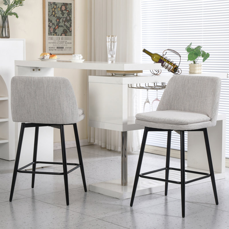 Counter Height Bar Stools Of 2, 360 Rotating Upholstered With Linen, Back And Metal Legs, 25.6" Seat For Kitchen Island & Pub, 2 Swivel , In Height, Great Linen