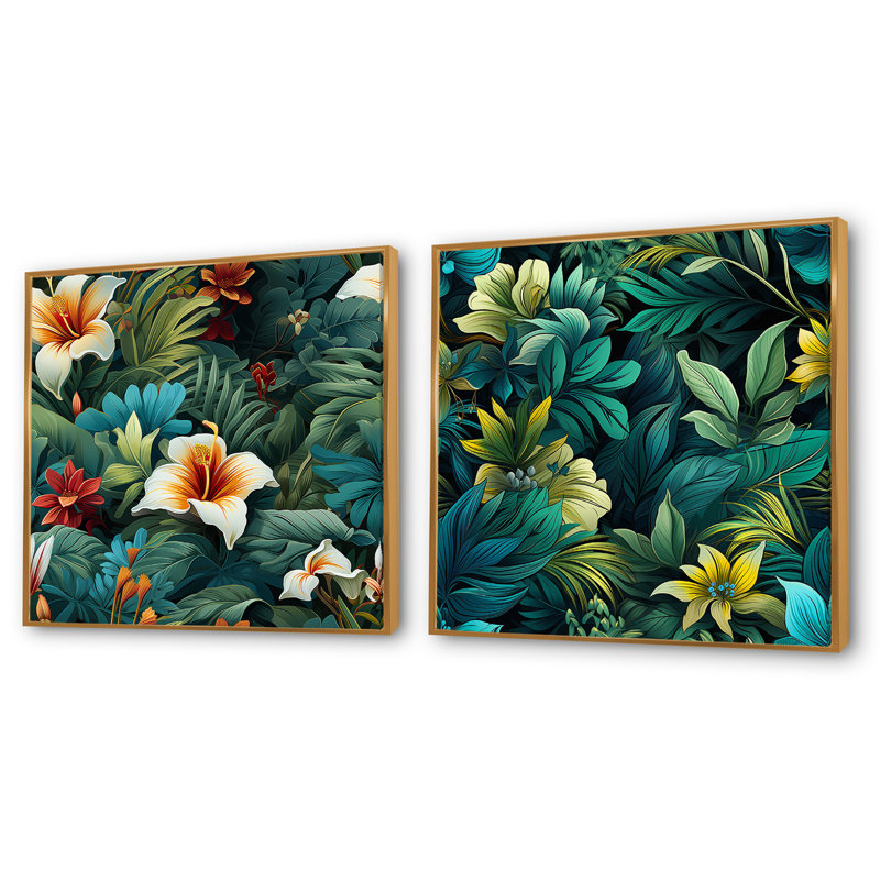 Rainforest Radiance - motif tropical - ensemble de 2 collages carrés tropicaux, H 16 po x l 33 po, Cadre flottant doré