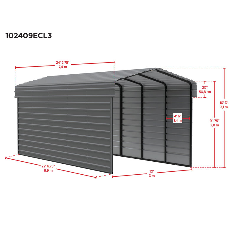 Steel Carport With 3 Wall Kits, 10X24X09, White