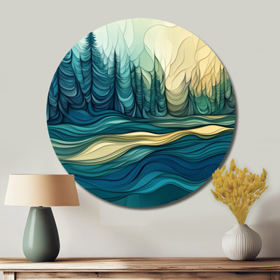 Vert forêt de pins enchantés avec ondulations du lac - décor mural rond en métal