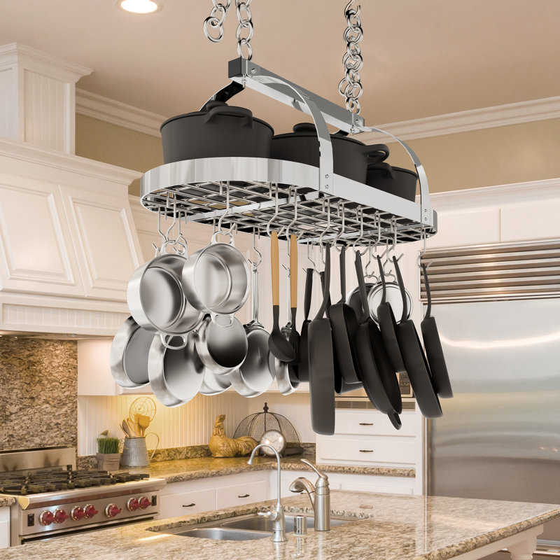 Delauter Hanging Ceiling Pot Rack 34-Inch for Kitchen with 20 S Hooks, Chrome