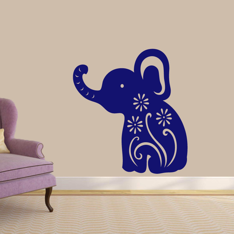 Décalcomanie murale éléphant floral, Bleu marine